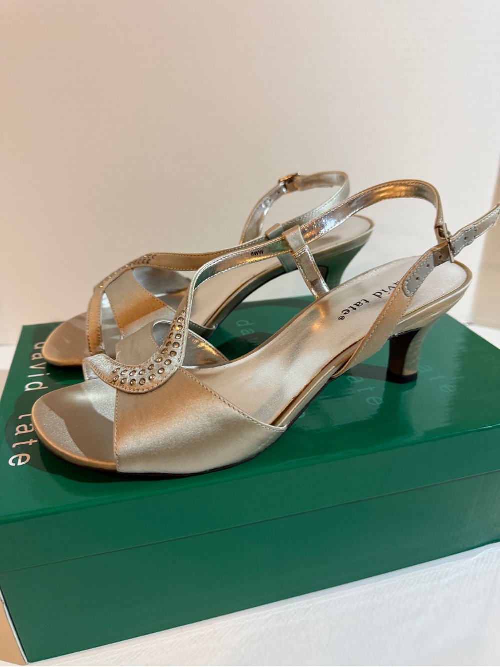 David Tate Crescent Satin Silver Open-Toe Slingback Heels with Rhinestone Detail